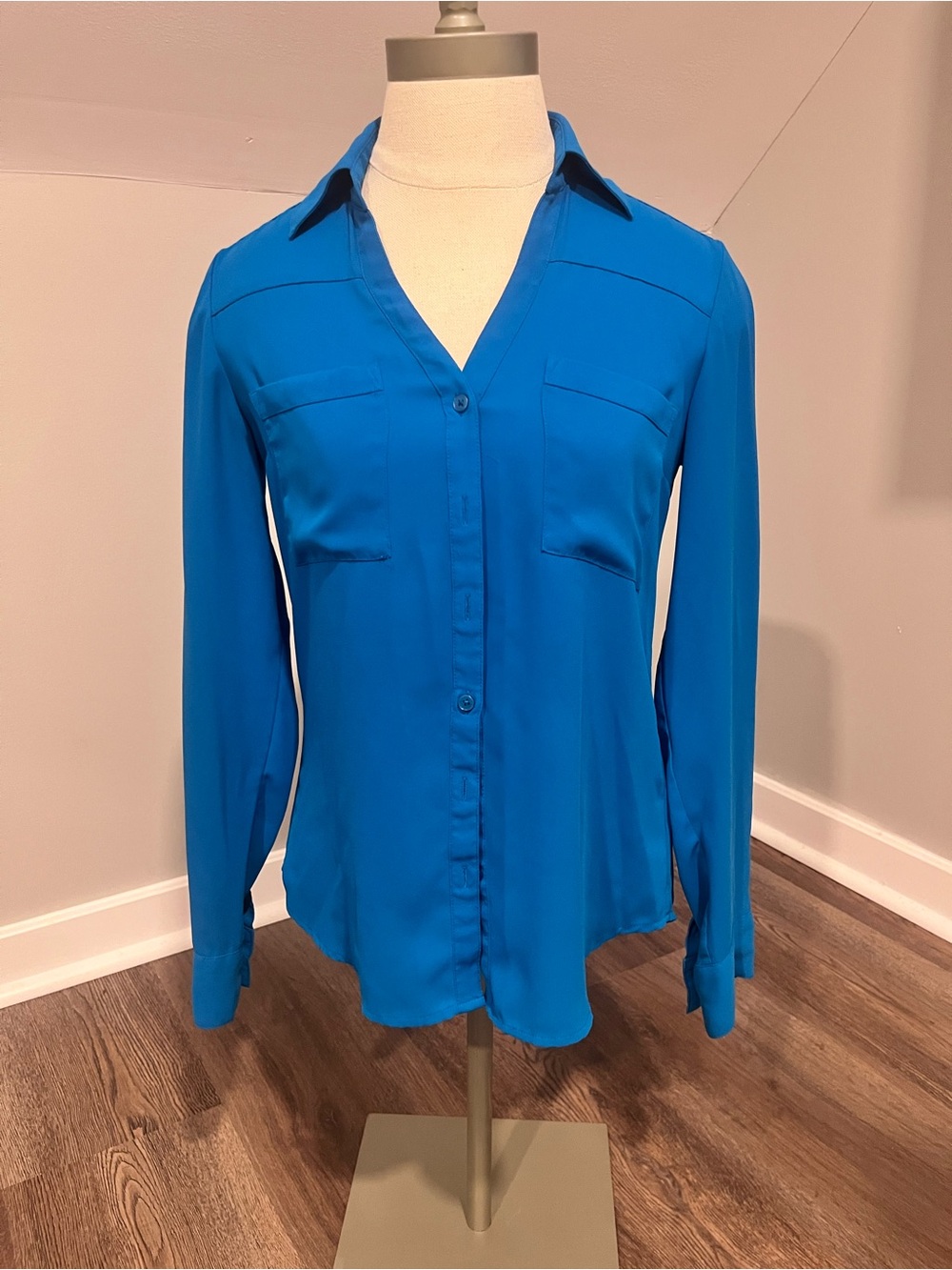 Express Bright Blue Button-Front Long Sleeve Shirt